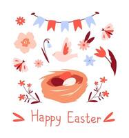 Greeting card, banner for Easter. Nest with eggs, flowers, birds, flags. vector