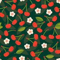 Seamless summer pattern with bright cherries in leaves on a dark green background. Suitable for fabric, textile, wrapper, packaging, background, cover vector