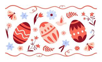Set of Easter painted eggs with folk ornament and floral elements with red accent. Seamless horizontal pattern vector