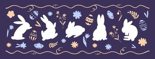 A set of silhouettes of rabbits in different poses with floral elements and Easter eggs with ornaments. Seamless horizontal pattern with gold color vector