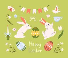 Easter card with rabbits, painted eggs, flowers, flags. Easter elements vector
