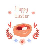 Greeting card, banner for Easter. Nest with painted eggs, plant elements vector