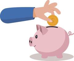 A hand putting a coin into a piggy bank vector