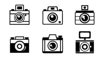 A set features a collection of vintage photo camera icons, illustrating retro photography equipment design, camera icons set vector