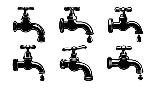 collection of Shiny metal faucet tap with a water drop isolated, faucet with a drop vector