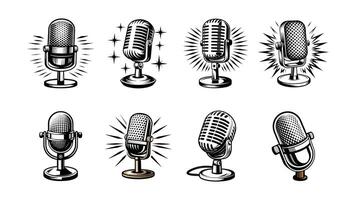 Retro microphone icons, isolated for music and broadcast, set of microphone icons, retro microphone illustration vector