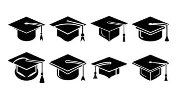 set of graduation cap with a tassel and a diploma, symbolizing academic achievement and degree, graduation cap icon vector