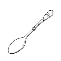 Line tea spoon Victorian style, illustration. Hand drawn contour sketch on isolated background. Linear drawing vector