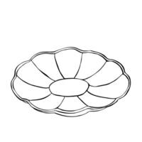 Line art tea saucer in Victorian style, illustration. Hand drawn contour sketch on isolated background. Linear vector