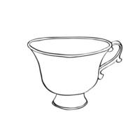 Line art tea cup in Victorian style, illustration. Hand drawn contour sketch on isolated background. Linear drawing vector