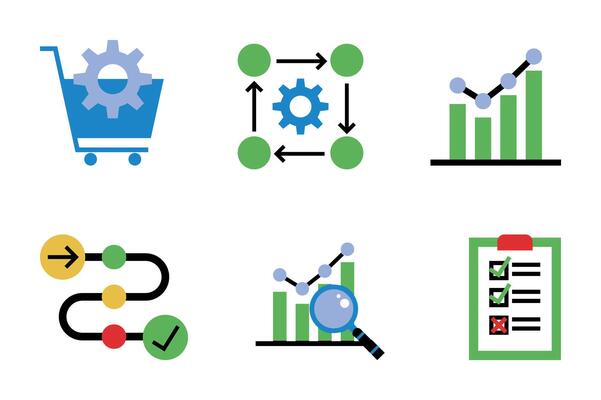 Set of business web icons includes shopping cart, gift box, delivery bag, and sale symbol