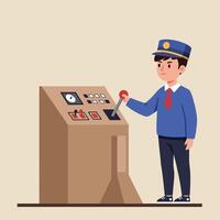 Train conductor in blue uniform operating control panel in minimal flat style art showing focus and responsibility in railway work environment vector