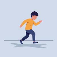 Young boy in orange sweater running forward with determined expression flat minimal style illustration vector