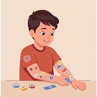 Smiling boy in red shirt with decorated arms applying colorful bandages flat minimal art vector