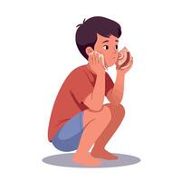 Young boy crouching and listening to seashell in flat minimal style art with thoughtful expression and peaceful, imaginative atmosphere vector