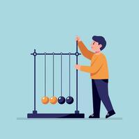 Young boy interacting with Newtons cradle in flat minimal style science classroom art vector