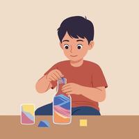 Young boy in red shirt creating colorful sand art with geometric shapes on table flat minimal illustration vector