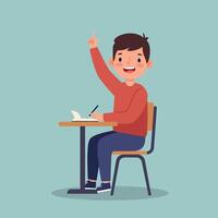 Smiling young boy in red sweatshirt raising hand while seated at school desk flat minimal style illustration vector