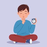 Young boy sitting cross legged with finger to lips holding small clock in calm flat minimal art vector