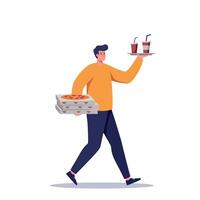 Young man carrying two pizza boxes and two soft drinks in flat minimal style illustration vector