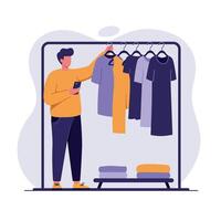 Man browsing colorful casual clothes on rack in minimal flat style illustration vector