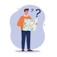 Young man with orange sweater holding city map looking confused with question marks flat style illustration vector
