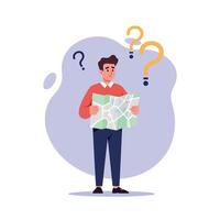 Young man holding map with question marks around head confused about directions flat style illustration vector