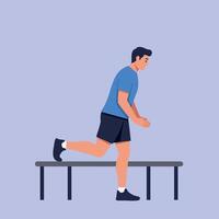 Young man performing step-up exercise on bench in flat minimal style illustration vector