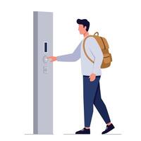 Young man with brown backpack pressing elevator button in flat minimal style illustration vector
