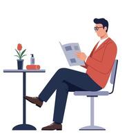 Man in red jacket reading newspaper seated on modern chair next to table with plant and lotion bottle flat design illustration vector