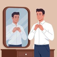 Young man adjusting white shirt collar in front of mirror with wooden frame flat design illustration vector