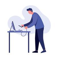 Young man connecting smartphone to computer in minimal style standing by table illustration vector