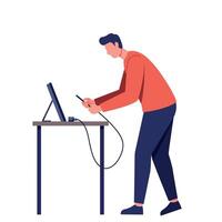 Young man in casual clothing using smartphone while standing at desk with computer screen flat minimal illustration vector