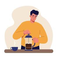 Young man brewing coffee with French press in casual yellow sweater flat style illustration vector