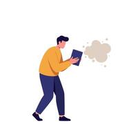 Young man coughing into tablet device in flat minimal style illustration of health concern and digital interaction vector