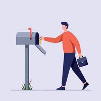 Man in casual clothing holding briefcase unlocking mailbox with key flat style illustration vector