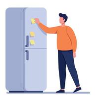 Man placing sticky notes on refrigerator in casual clothing flat design minimal illustration vector