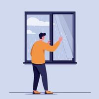 Man in orange sweater looking through rainy window with curtain blowing inside minimal flat illustration vector