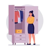 Woman standing thoughtfully in front of open wardrobe with clothes and box in flat minimal illustration vector