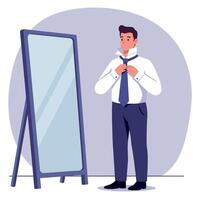 Young man adjusting tie in front of full-length mirror minimal flat style illustration vector