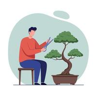 Man pruning bonsai tree with scissors in minimal flat design style seated on stool illustration vector