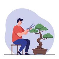 Man trimming bonsai tree with scissors sitting on stool minimal flat style illustration vector