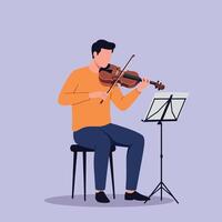 Young man playing violin seated on stool with music stand in minimal flat design illustration vector