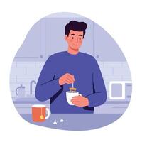Young man preparing tea in modern kitchen flat design smiling male stirring cup with tea bag illustration vector