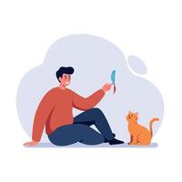 Young man playing with orange cat using feather toy in relaxed flat style illustration vector
