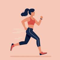 Young woman running exercise in athletic wear with ponytail in dynamic motion flat design illustration vector