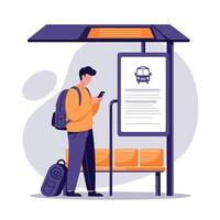 Young man with backpack and suitcase standing at bus stop reading schedule in flat design illustration vector