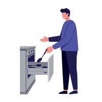 Man cooking with spatula by open oven in flat style minimal kitchen scene illustration vector
