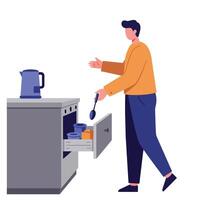 Young man cooking in modern kitchen with utensils and pots in flat minimal art vector