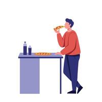 Young man eating slice of pizza standing by table with soda bottles flat minimal illustration vector